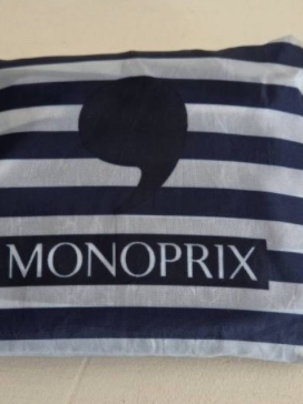 New Monoprix Paris Reusable Folding Nylon Shopping Bag - Blue & White Striped
